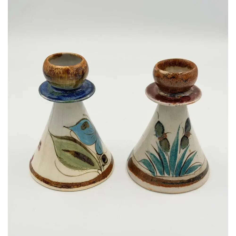 Folk-Art Ken Edwards Palomar Tonala Pottery Hand Painted 2pc Set Candle Holders